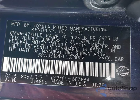 2020 Lexus Es 350 z USA, uszkodzony, nr VIN 58ADZ1B1XLU071002